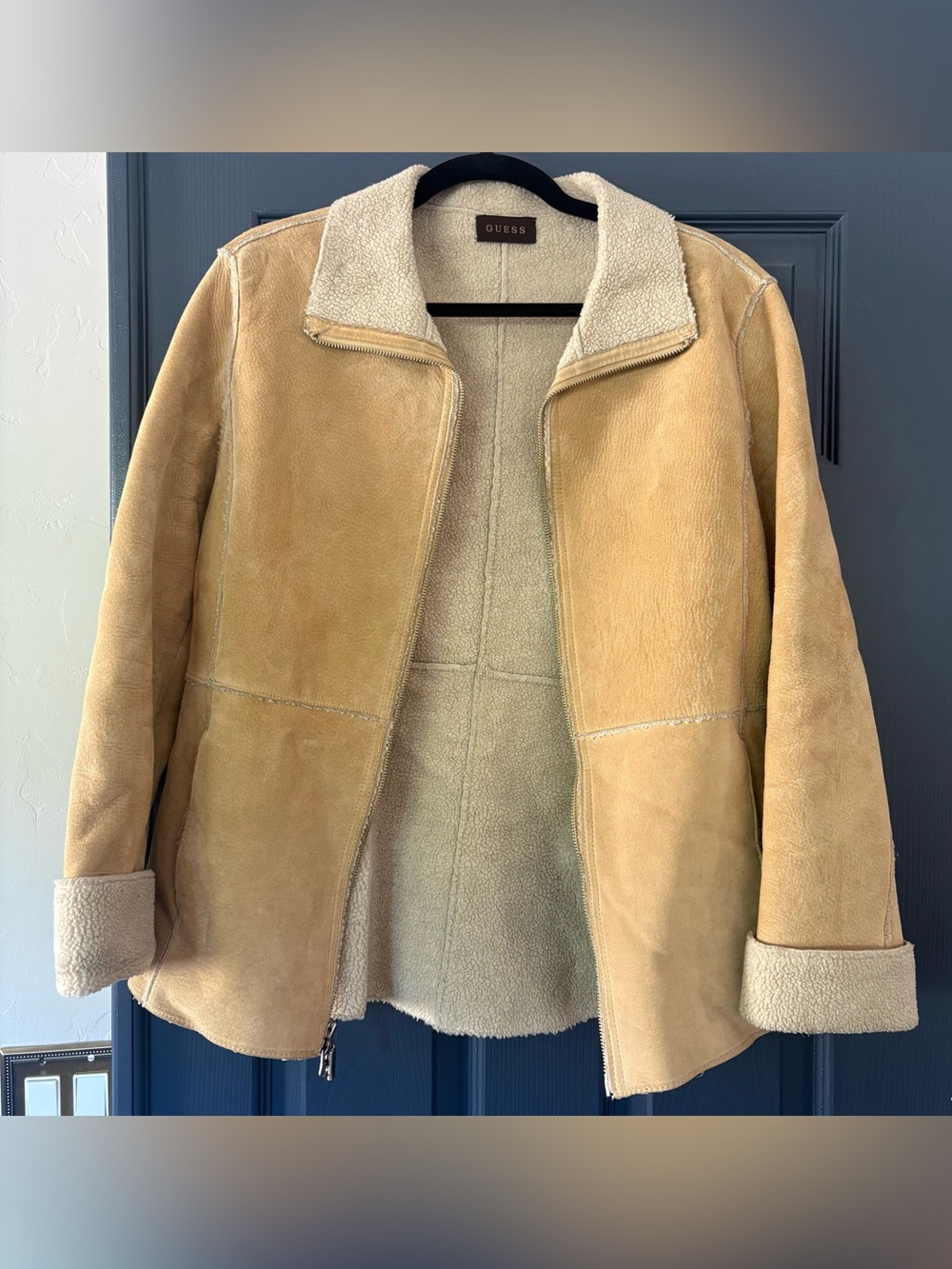 vintage GUESS suede full-zip jacket with cream sherpa collar